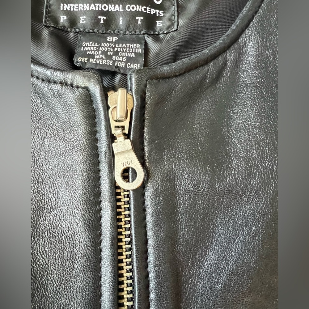 Black 100% Leather Zip-Up Moto Vest, INC International Concepts - Sz 8 Petite - Picture 11 of 13